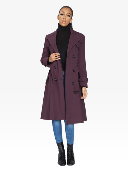Rose Eleusis double-breasted trench coat in light fabric, perfect for spring and summer, shown in wine color.
