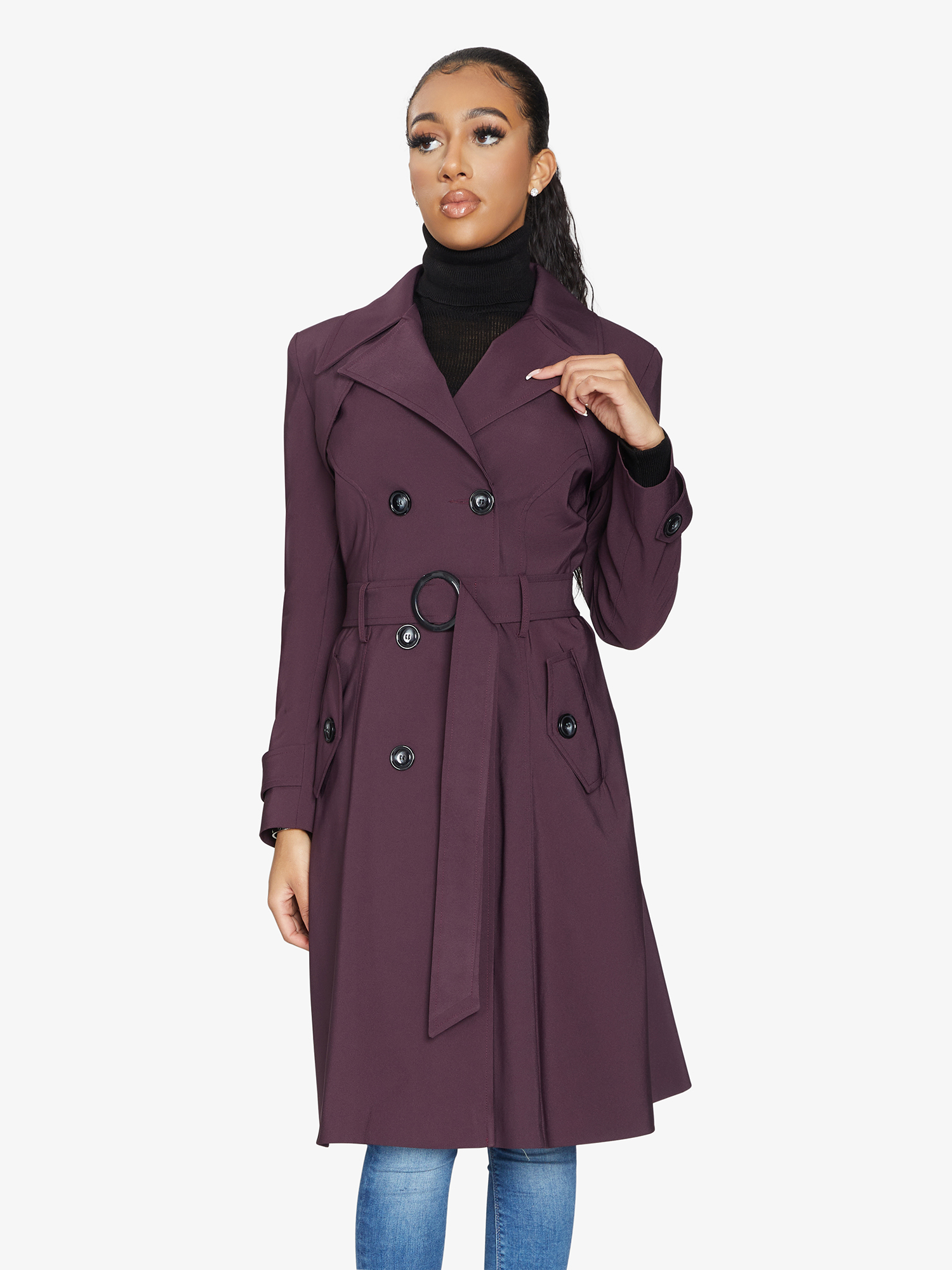 Rose Eleusis double-breasted trench coat in spring/summer style, featuring lightweight fabric and classic design.