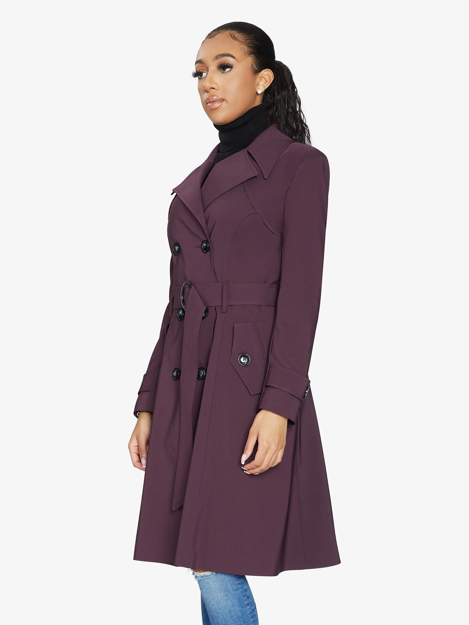 Pink Rose Eleusis double-breasted trench coat for spring and summer, shown on a hanger with a classic style and lightweight fabric.