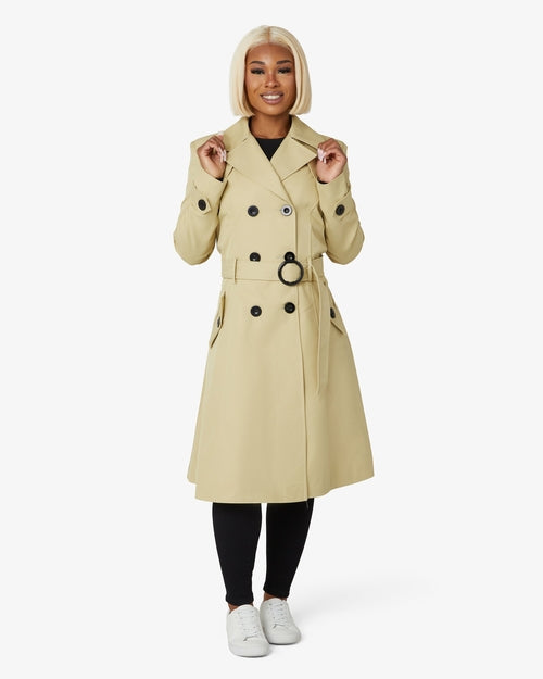 Beige double-breasted trench coat by Rose Eleusis, stylish spring/summer jacket with classic design and tailored fit.