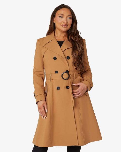 Rose Eleusis spring/summer double-breasted trench coat in toffee color, stylish jacket with classic lapels and button details.