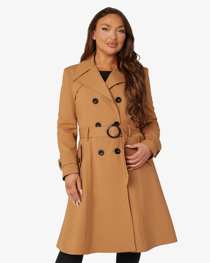 Rose Eleusis spring/summer double-breasted trench coat in toffee color, stylish jacket with classic lapels and button details.