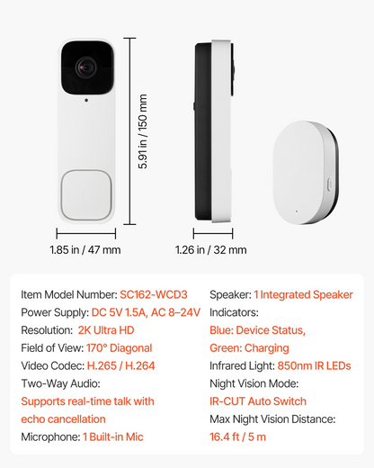 Start2Finish VEVOR 2K Wireless Video Doorbell with 170° view, 2-way audio, motion detection, night vision, and cloud storage.