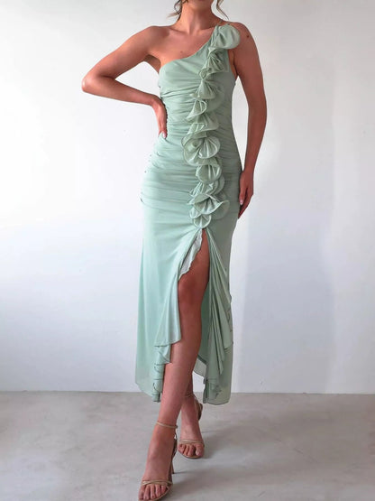 Jade Iapetus stylish one-shoulder ruffle slit dress with flowing fabric and elegant design, ideal for formal or evening wear.