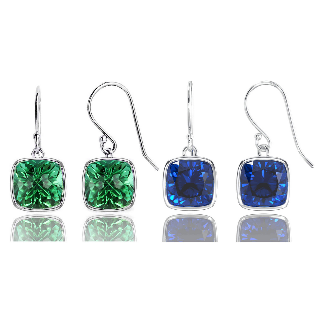 Two pairs of cushion cut blue sapphire and emerald drop earrings with 8mm square gems in sterling silver or 14k gold over silver.