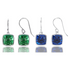 Two pairs of cushion cut blue sapphire and emerald drop earrings with 8mm square gems in sterling silver or 14k gold over silver.