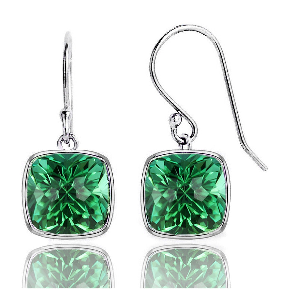 Two pairs of cushion cut blue sapphire and emerald drop earrings in sterling silver or 14k yellow gold, with 8mm square gemstones.