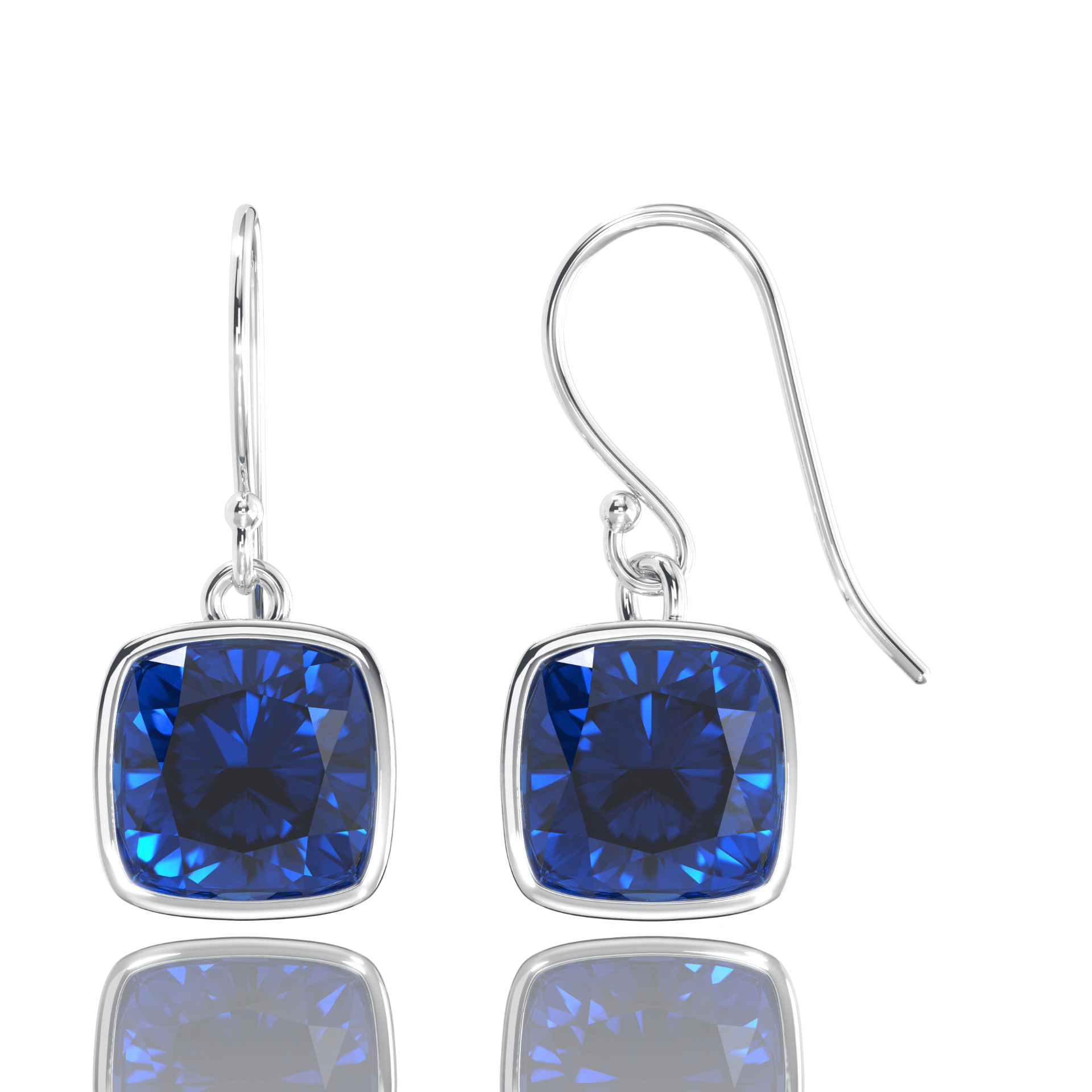 Two pairs of cushion cut created blue sapphire and emerald drop earrings in sterling silver or 14k gold over silver with 8mm square gems.