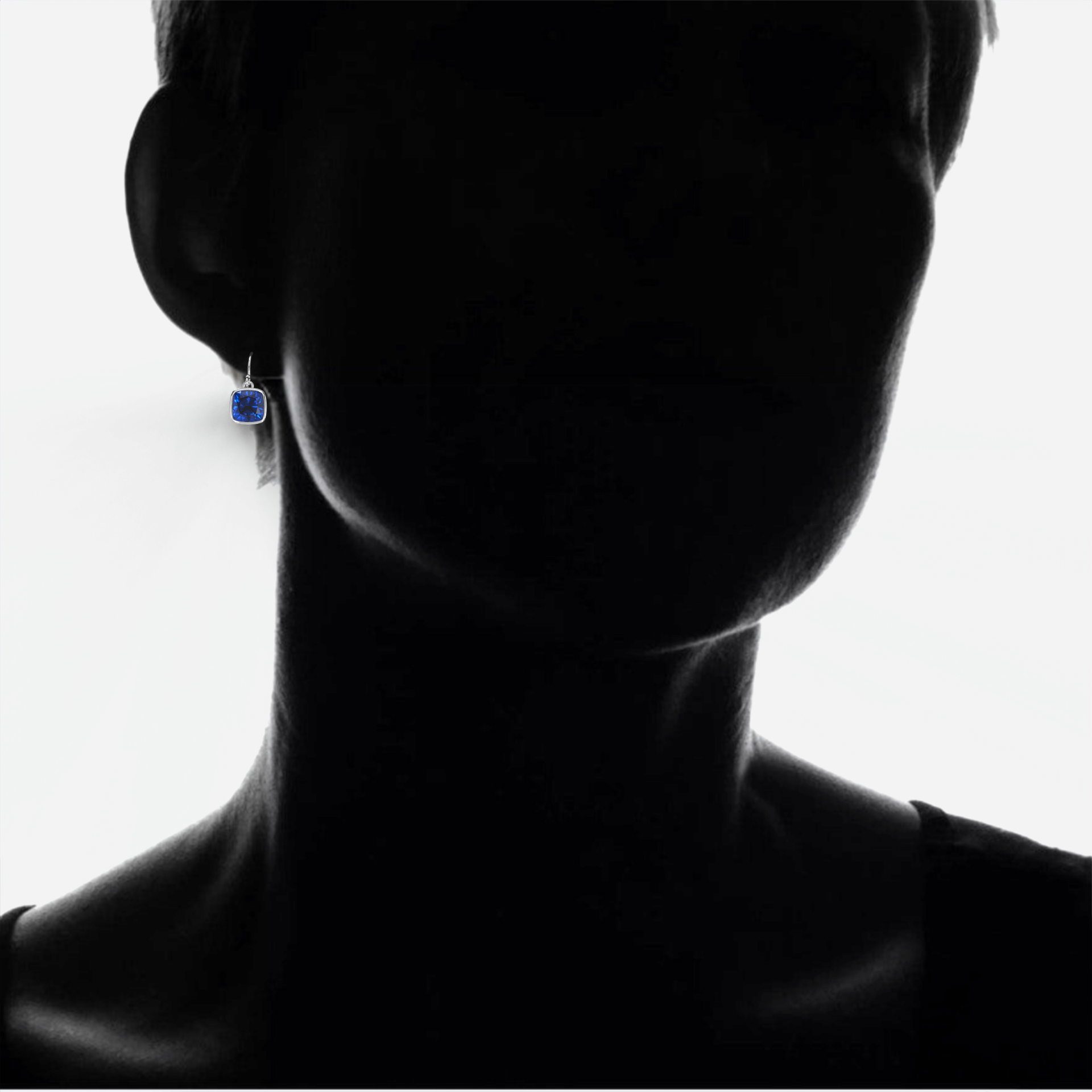 Start2Finish blue sapphire and emerald drop earrings in sterling silver or yellow gold, featuring 8mm cushion cut gemstones.
