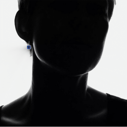 Start2Finish blue sapphire and emerald drop earrings in sterling silver or yellow gold, featuring 8mm cushion cut gemstones.