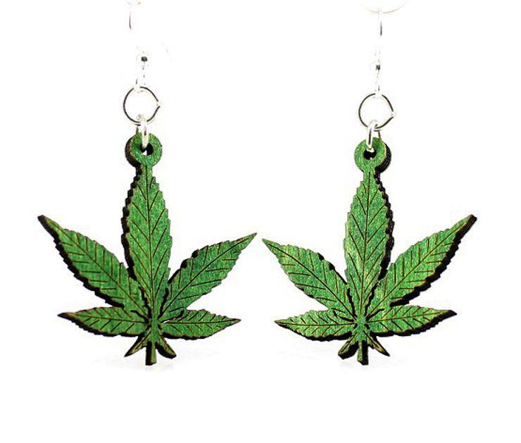 Red Sunflower hemp leaves earrings featuring intricate hemp leaf designs hanging from silver hooks.