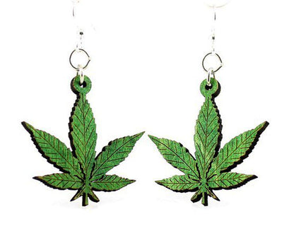 Red Sunflower hemp leaves earrings featuring intricate hemp leaf designs hanging from silver hooks.