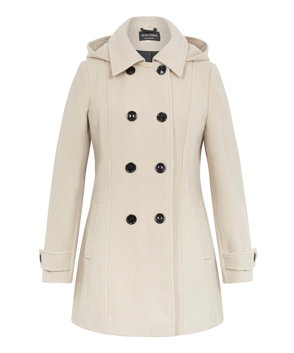 Rose Eleusis wool feel double-breasted hooded coat in bisque color, showing front view with hood and button details.