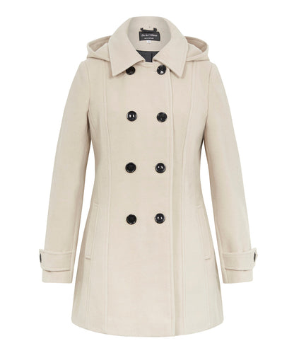 Rose Eleusis wool feel double-breasted hooded coat in bisque color, showing front view with hood and button details.
