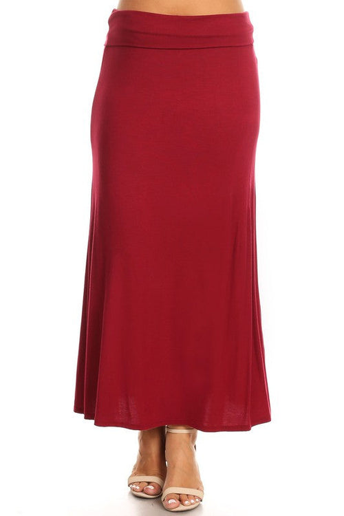 Plus size solid high-waisted A-line maxi skirt for women by Jade Icarus, featuring a flowing design and comfortable fit.