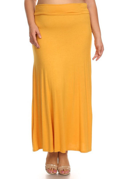 Plus size solid high-waisted A-line maxi skirt by Jade Icarus, flowing fabric and flattering fit for women&