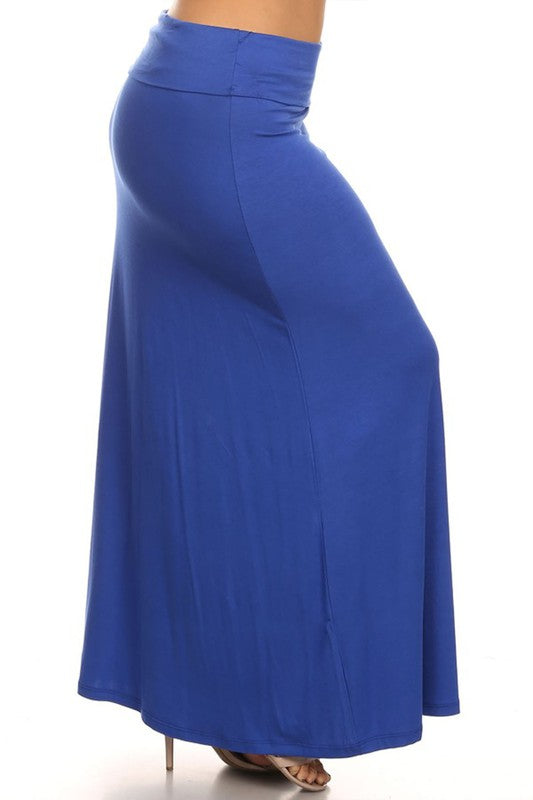 Plus size solid high-waisted A-line maxi skirt by Jade Icarus, showcasing a flowy navy blue skirt with a high waist and A-line silhouette.