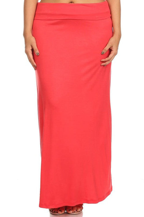 Plus size solid high-waisted A-line maxi skirt for women by Jade Icarus, featuring a flowing, full-length design.