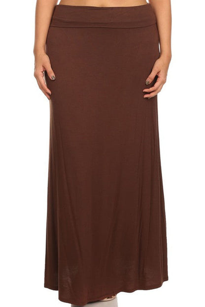 Plus size solid high-waisted A-line maxi skirt by Jade Icarus, featuring a flowing design in a vibrant color.