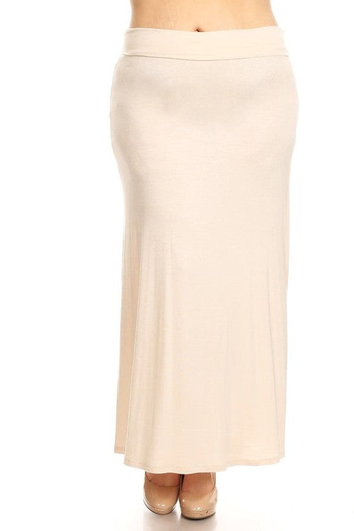 Plus size solid high-waisted A-line maxi skirt by Jade Icarus, shown in a flowing fabric with a comfortable fit for women.