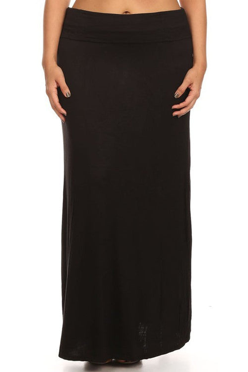 Plus size solid high-waisted A-line maxi skirt from Jade Icarus, featuring a flowing design and comfortable fit for women.