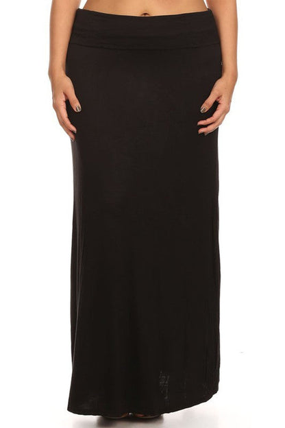 Plus size solid high-waisted A-line maxi skirt from Jade Icarus, featuring a flowing design and comfortable fit for women.