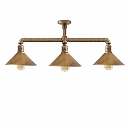Industrial steampunk 3-light pipe ceiling fixture with E27 bulbs by Sangria Angel, showcasing vintage metal pipes and exposed bulbs.
