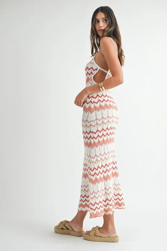 Lightweight MABLE Pear Daisy chevron knit maxi dress with pointelle design, suitable for comfortable home and casual wear.