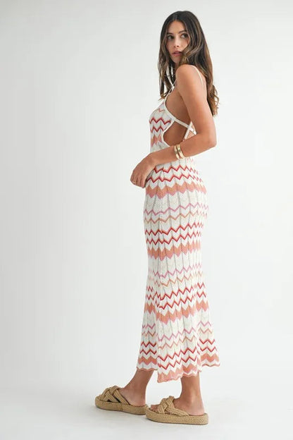 Lightweight MABLE Pear Daisy chevron knit maxi dress with pointelle design, suitable for comfortable home and casual wear.