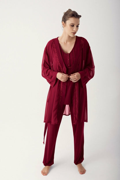 Burgundy Artemis Shopymommy 12309 chiffon 3-piece maternity and nursing pajamas set, featuring comfortable lingerie and underwear.