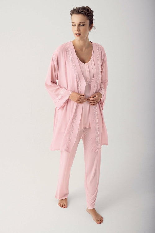 Burgundy Artemis Shopymommy 12309 chiffon maternity and nursing pajamas set with three pieces, soft and comfortable lingerie for moms
