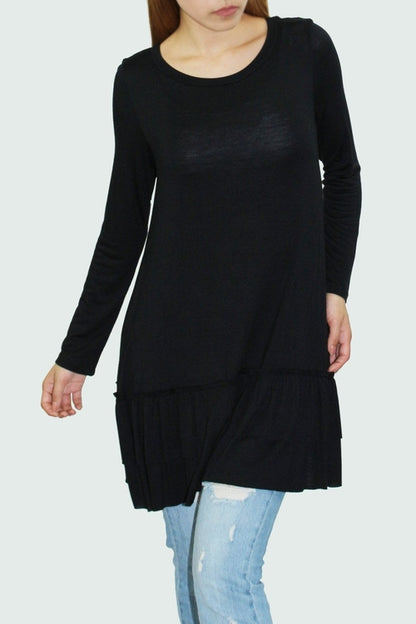 Black ruffle bottom long sleeve tunic by Yellow Hera, featuring a stylish and comfortable clothing design for women.