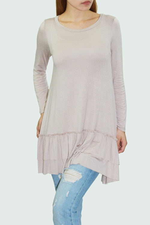 Beige ruffle bottom long sleeve tunic by Yellow Hera, stylish women&