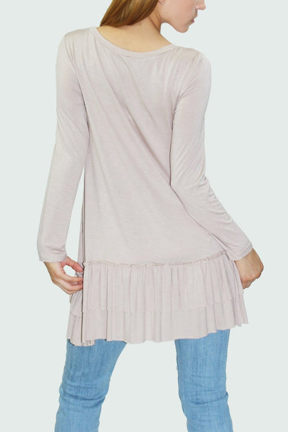 Beige ruffle bottom long sleeve tunic by Yellow Hera, stylish and comfortable clothing for women.