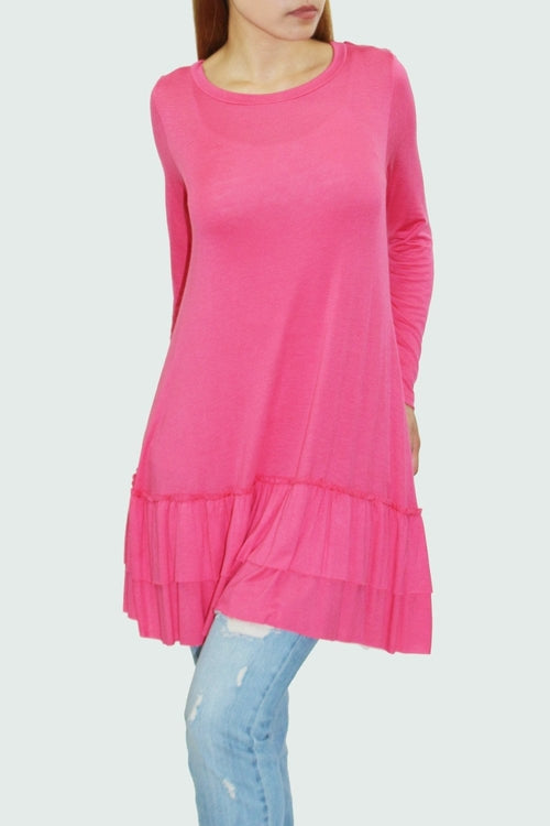 Yellow Hera coral ruffle bottom long sleeve tunic, stylish women&