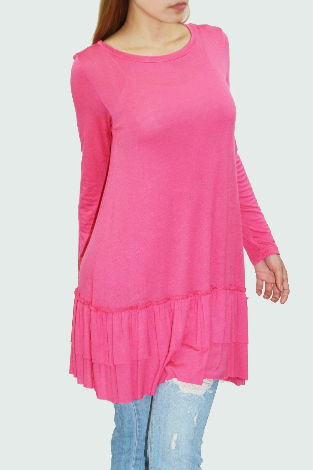 Yellow Hera coral ruffle bottom long sleeve tunic, stylish women&
