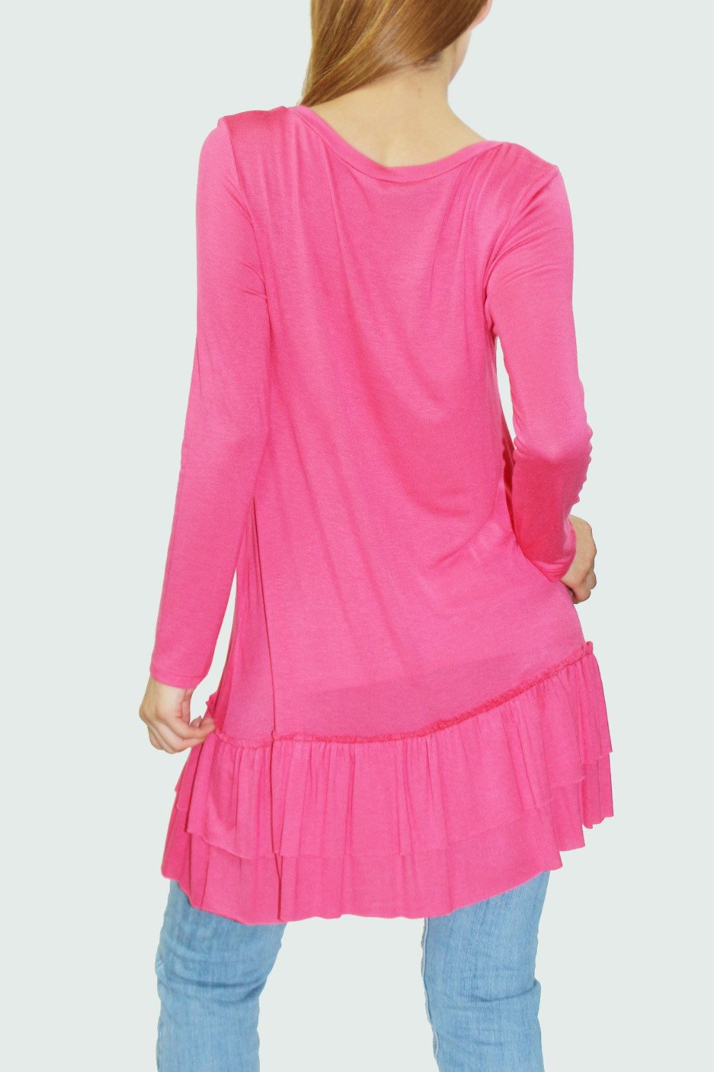 Yellow Hera coral ruffle bottom long sleeve tunic with a relaxed fit, perfect for casual or stylish everyday wear.