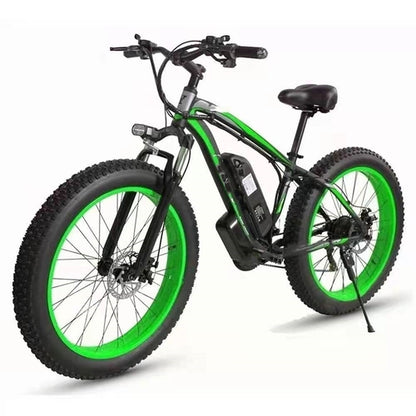 Carmine Juneberry Forever™ E-Glide Snow 26 electric mountain bike with 21-speed gears, 350W motor, fat tires, and sleek design