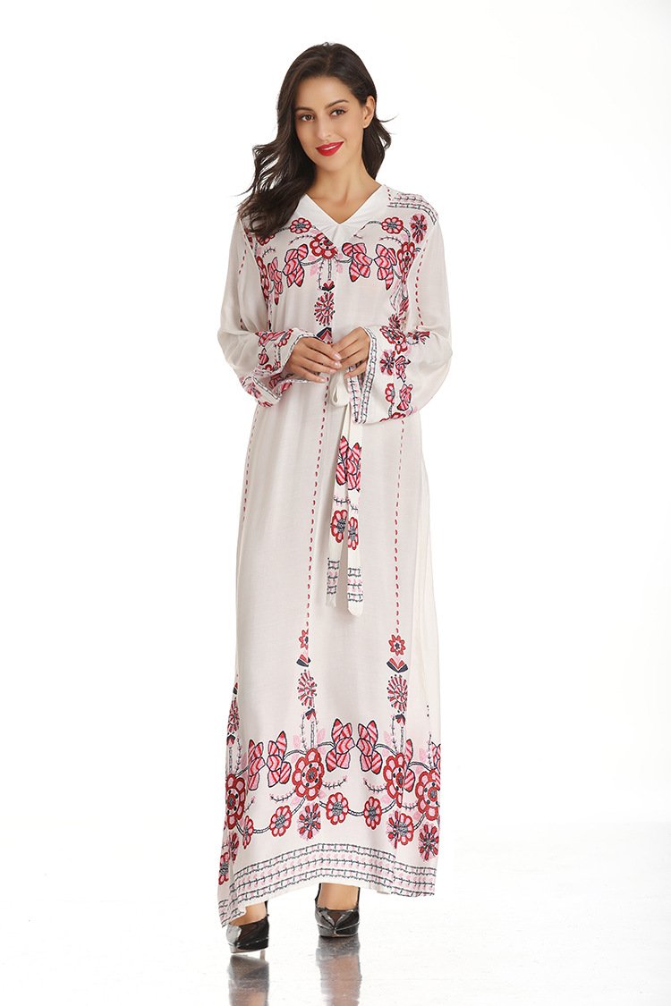 Jade Muslim ethnic style long dress with waist control, long sleeves, and V-neck, designed for women&