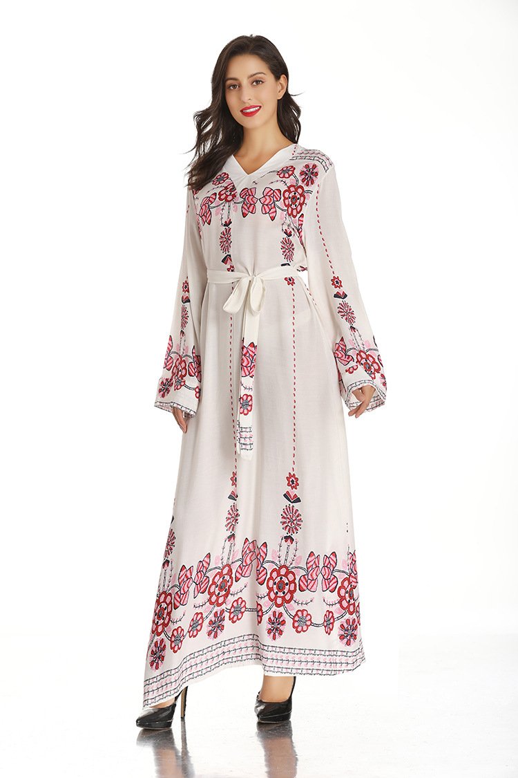 Jade Muslim ethnic style long dress with waist control, long sleeves, and V-neck, in elegant traditional design.