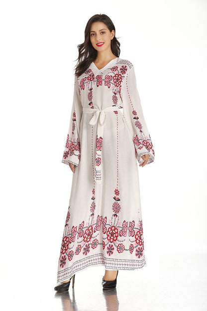 Jade Muslim ethnic style long dress with waist control, long sleeves, and V-neck, in elegant traditional design.