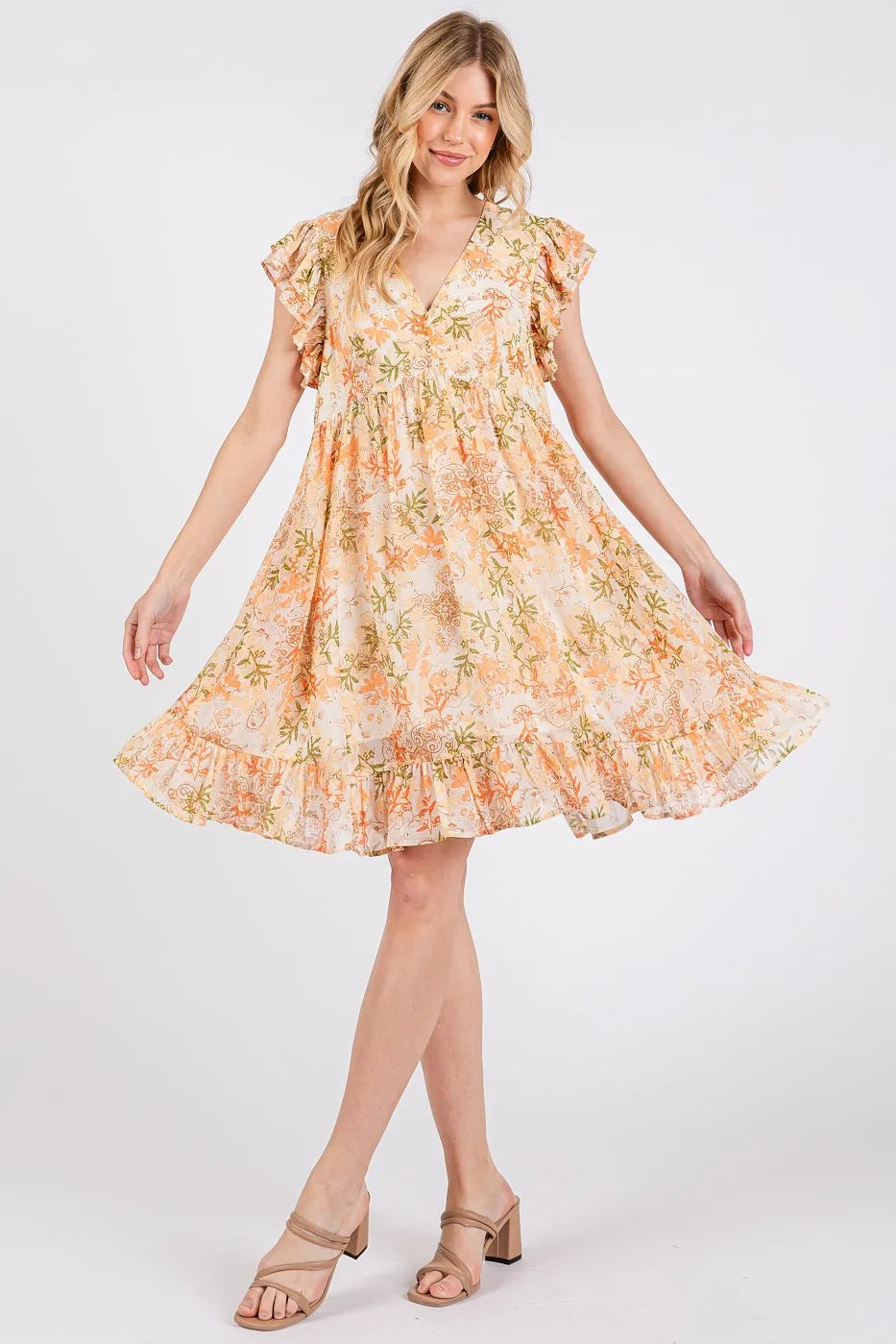 Floral chiffon ruffle short sleeve mini dress from Mittoshop, styled with a feminine and lightweight design.