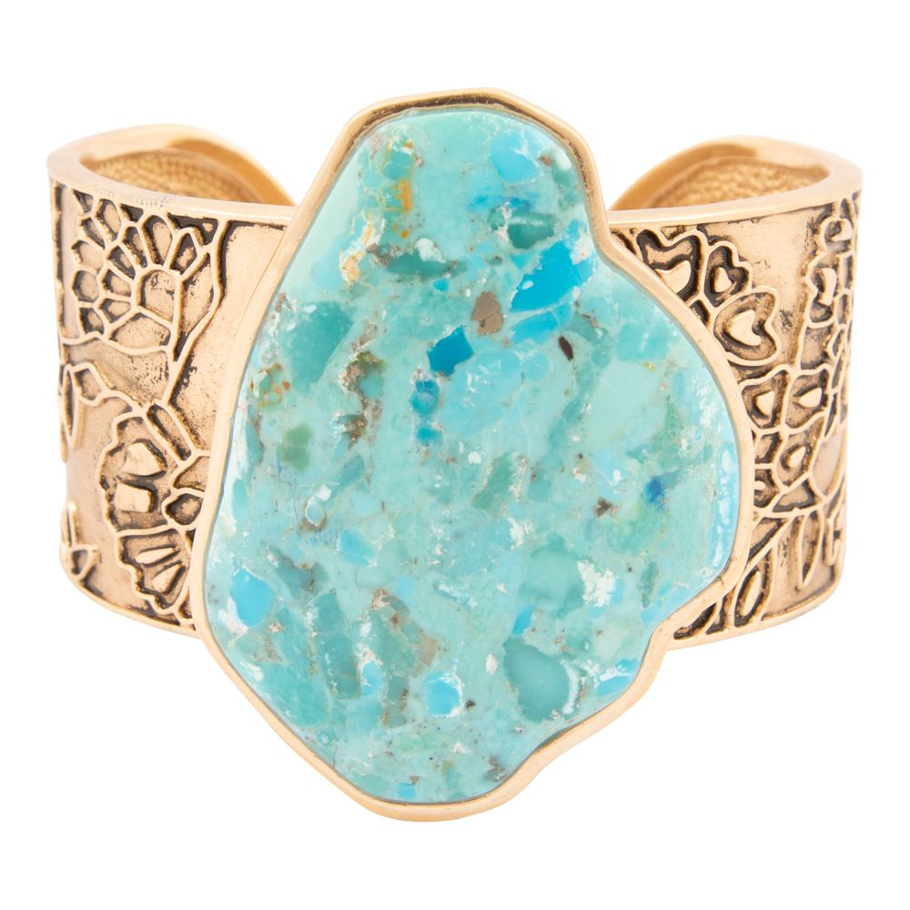 Thistle Blue Turquoise and Golden Cuff Bracelet from Start2Finish, featuring intricate jewelry design with vibrant blue turquoise and gold accents.