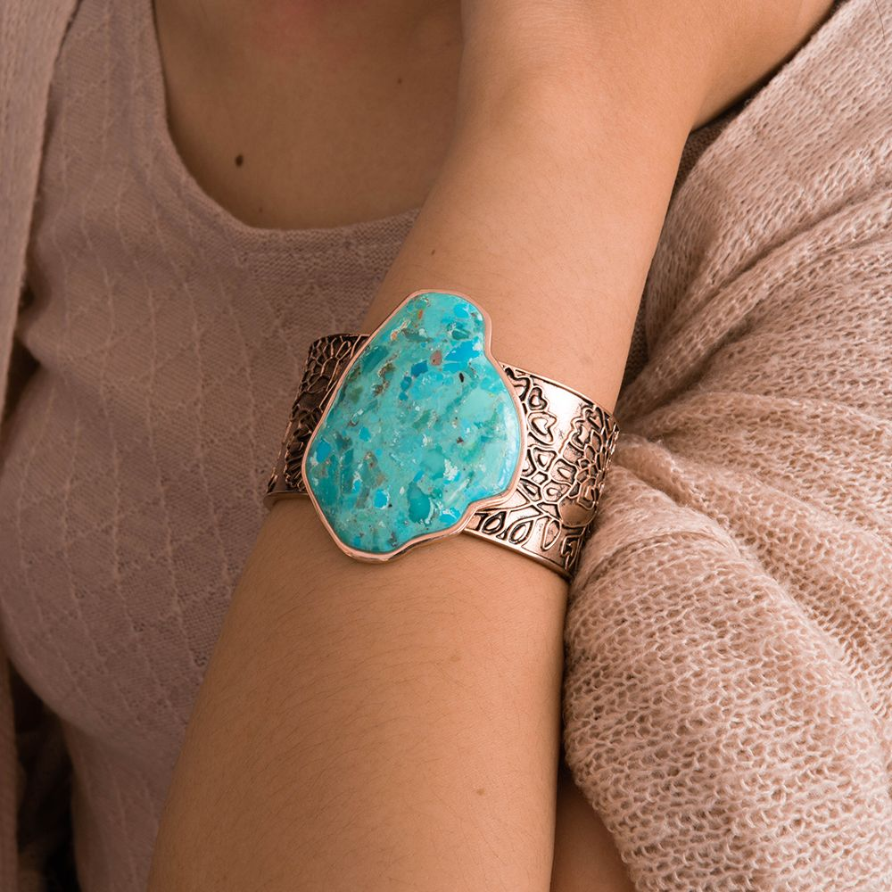 Thistle Blue Turquoise and Gold Cuff Bracelet from Start2Finish jewelry, featuring a textured gold tone with turquoise accents.