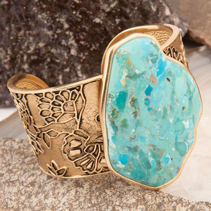 Start2Finish Thistle Blue Turquoise and Gold Cuff Bracelet, intricate jewelry piece with turquoise and gold accents.