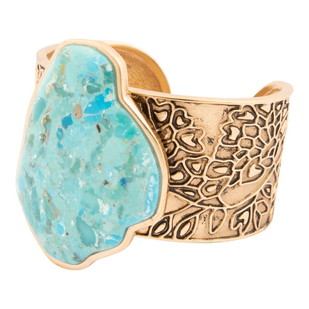 Thistle Blue Turquoise and Gold Cuff Bracelet in jewelry style, featuring intricate blue, turquoise, and gold accents.
