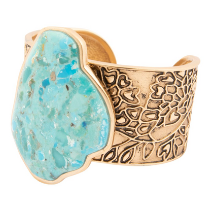 Thistle Blue Turquoise and Gold Cuff Bracelet in jewelry style, featuring intricate blue, turquoise, and gold accents.