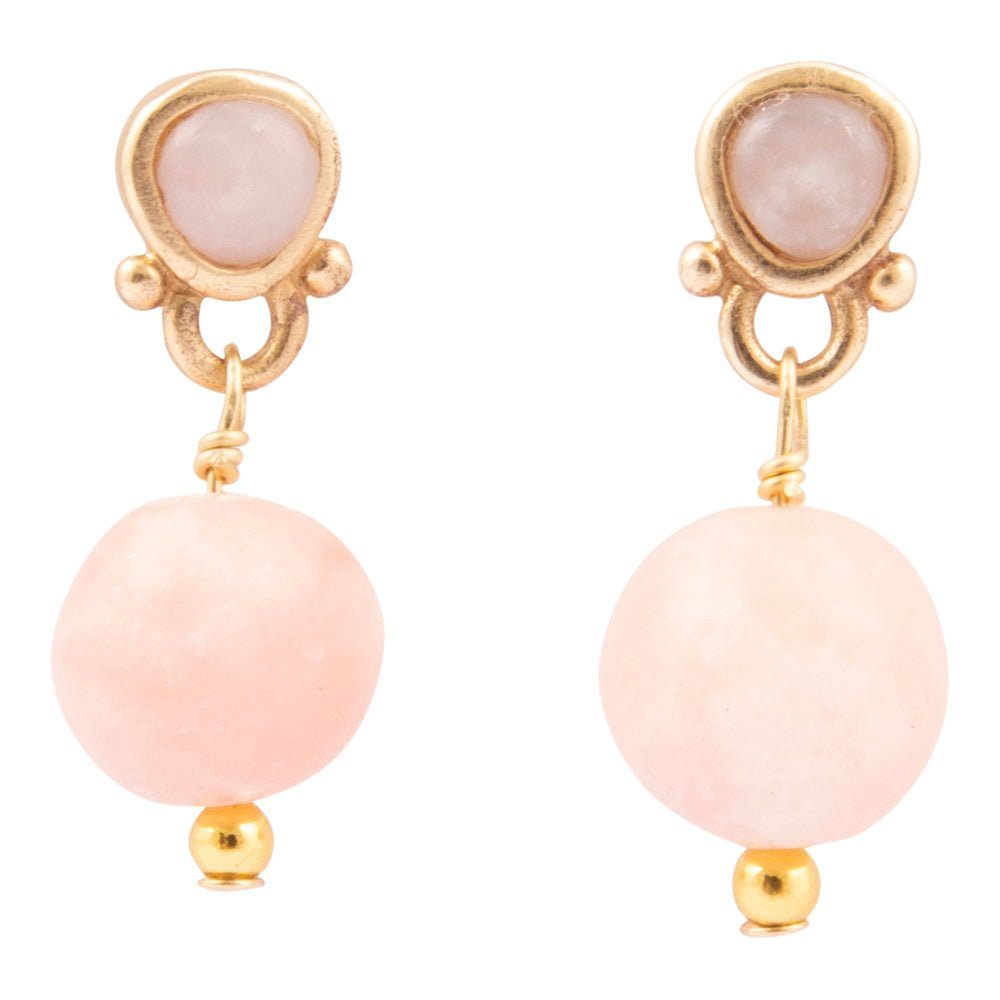 Pink Opal Golden Drop Post Earrings with delicate gold accents, showcasing elegant jewelry design by Start2Finish.