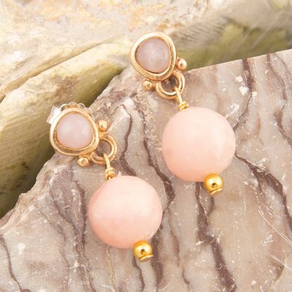 Pink Opal Golden Drop Post Earrings with delicate gold accents, showcasing elegant gemstone dangle jewelry.