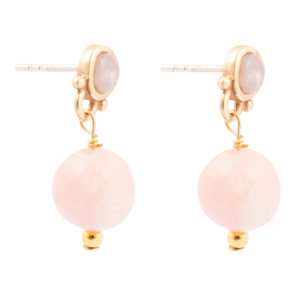 Pink opal golden drop post earrings featuring delicate gold accents and vibrant pink gemstone drops for elegant style.
